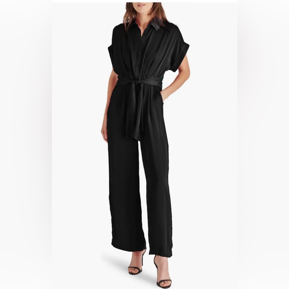 Steve Madden Tori Tie Waist‎ Wide Leg Satin Black Jumpsuit Size XS NWOT